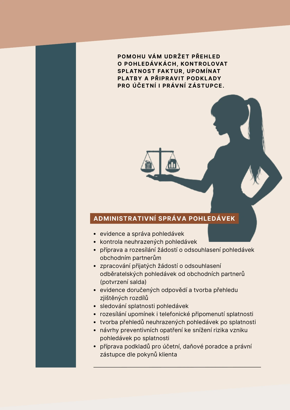 Administrativní správa pohledávek. Evidence a kontrola neuhrazených pohledávek, sledování splatnosti, upomínky, přehledy a příprava podkladů.