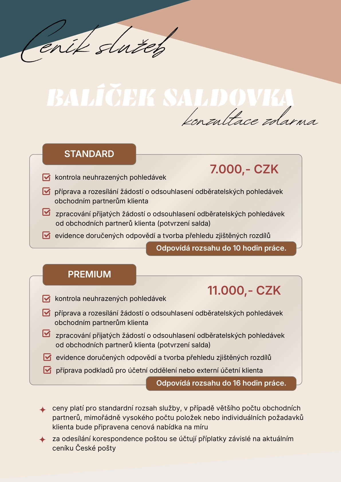 Ceník balíčku Saldovka. Standard 7 000 Kč, Premium 11 000 Kč. Konzultace zdarma.