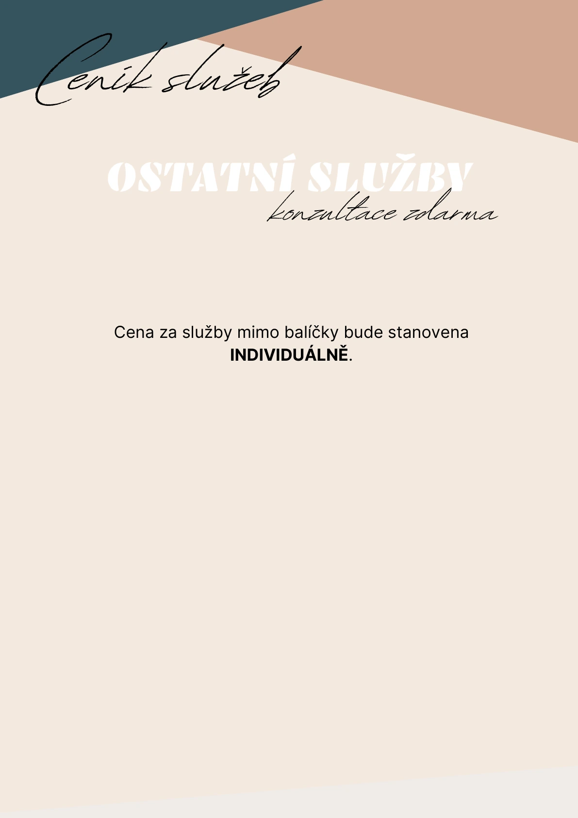 Ceník ostatních služeb. Cena za služby mimo balíčky bude stanovena individuálně. Konzultace zdarma.
