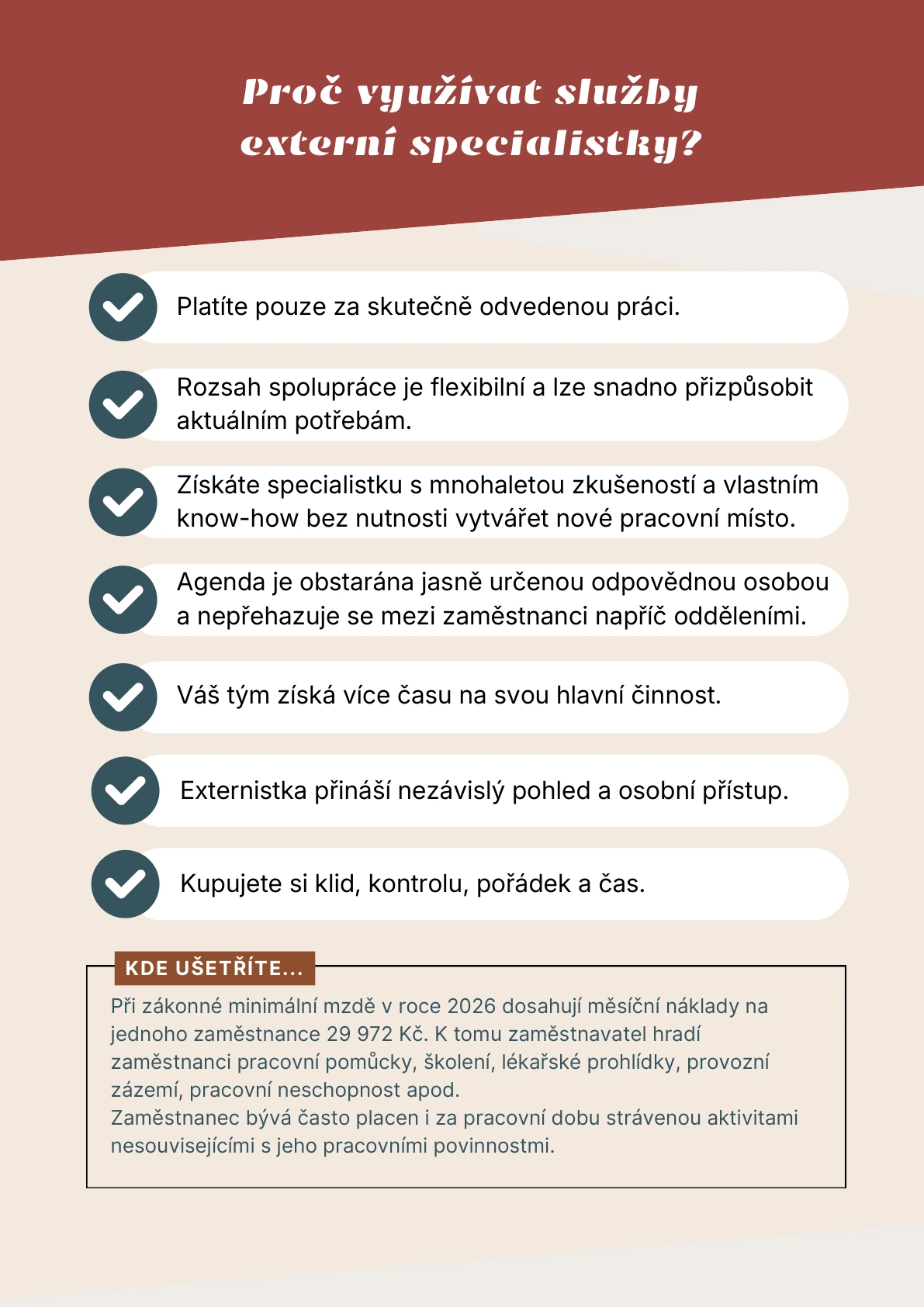 Proč využívat služby externí specialistky. Flexibilita, zkušenosti, jasná odpovědnost, více času pro tým a platba pouze za odvedenou práci.